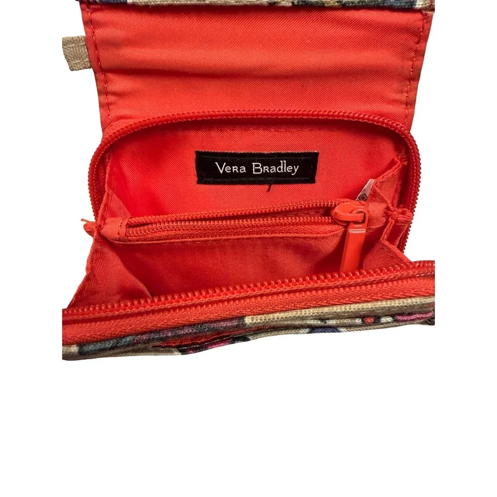 Vera‎ Bradley Floral Canvas Compact Zip Around Wallet Red Tan Small ID Window